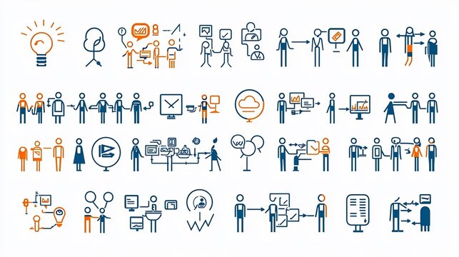Collection of simple line icons depicting various aspects of community focused business concepts including team networking and cooperative ideas