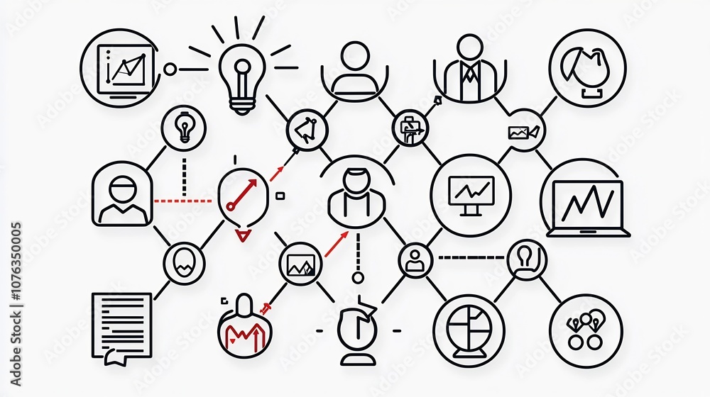 Poster minimalist depicting thin line icons that symbolize various aspects of business hierarchy structure 