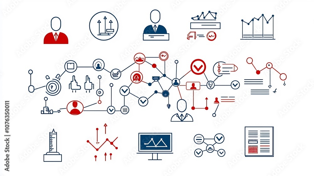 Poster Thin line icons illustrating the concept of business hierarchy organizational structure and team connections  The features clean minimalist strokes and symbols representing leadership management