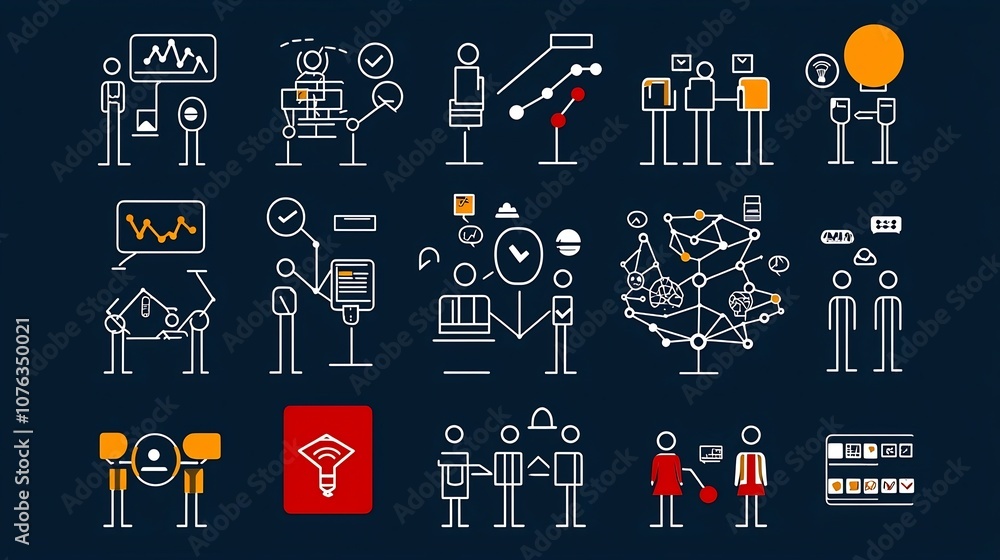 Aufkleber Minimalist depicting various icons and symbols representing business connections organizational hierarchy and teamwork  Simple line art design showcasing concepts related to corporate structure