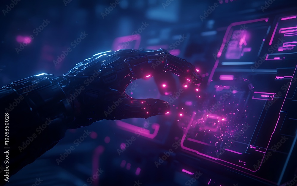Poster a futuristic hand interacts with a glowing interface, showcasing advanced technology and neon lights