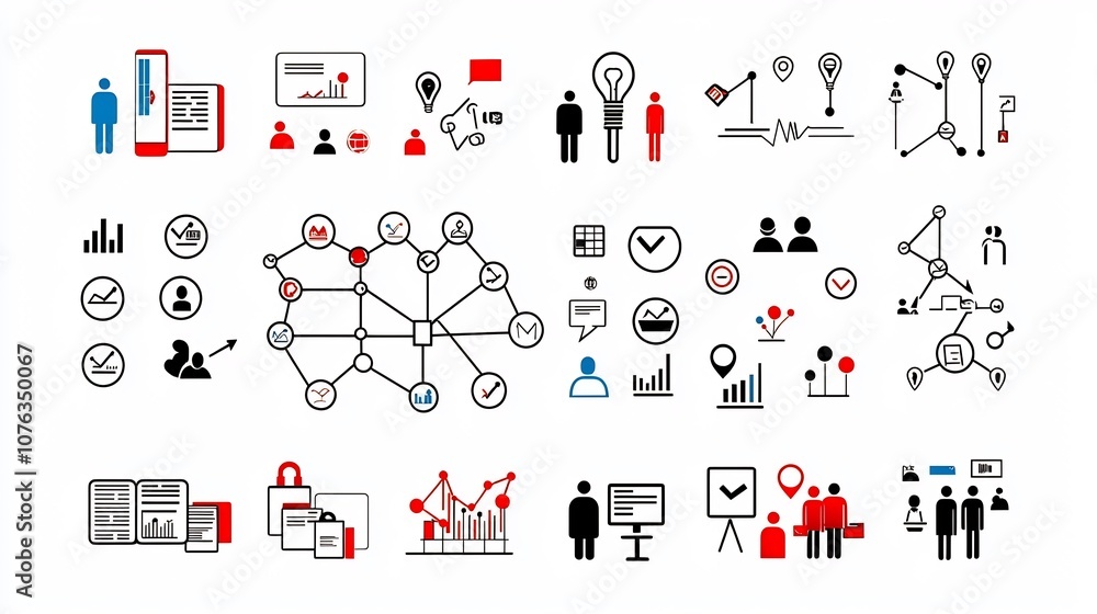 Aufkleber Conceptual depicting various icons and graphics representing business connections corporate hierarchy team organizational structure  Simple line design with minimalist style