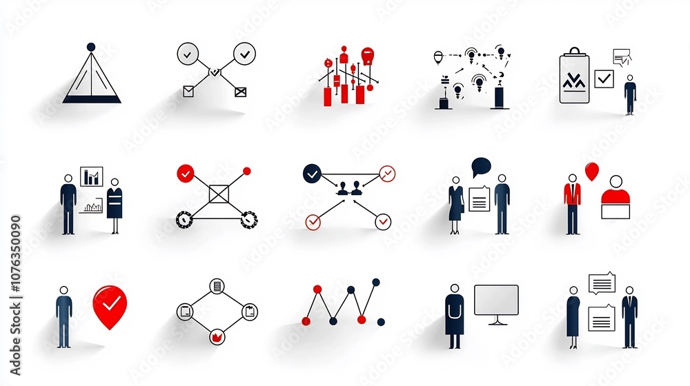 Poster depicting various icons representing the concepts of business connections organizational structure teamwork and workflow  The simple line graphics showcase elements like productivity in a modern