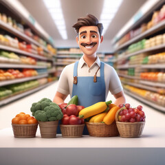 3d illustration of Grocer man isolated on market backgroundshopping consept