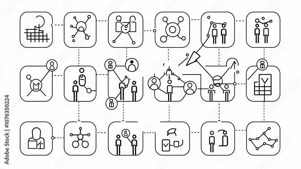 Poster clean icons depicting people groups teamwork and community connections for collaborative work enviro