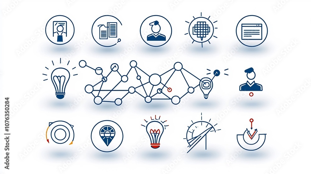 Poster Thin line corporate organization icons with symbols for leadership networking and company structure in a clean style  Representing business management team workflow processes