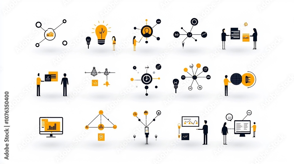 Poster A set of minimal depicting various icons and symbols representing connections hierarchy and relationships within organizations businesses teams and leadership structures