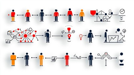Minimalist icon set illustrating the concepts of connection hierarchy and organizational structure within business team and leadership contexts  Graphic design elements suitable for branding