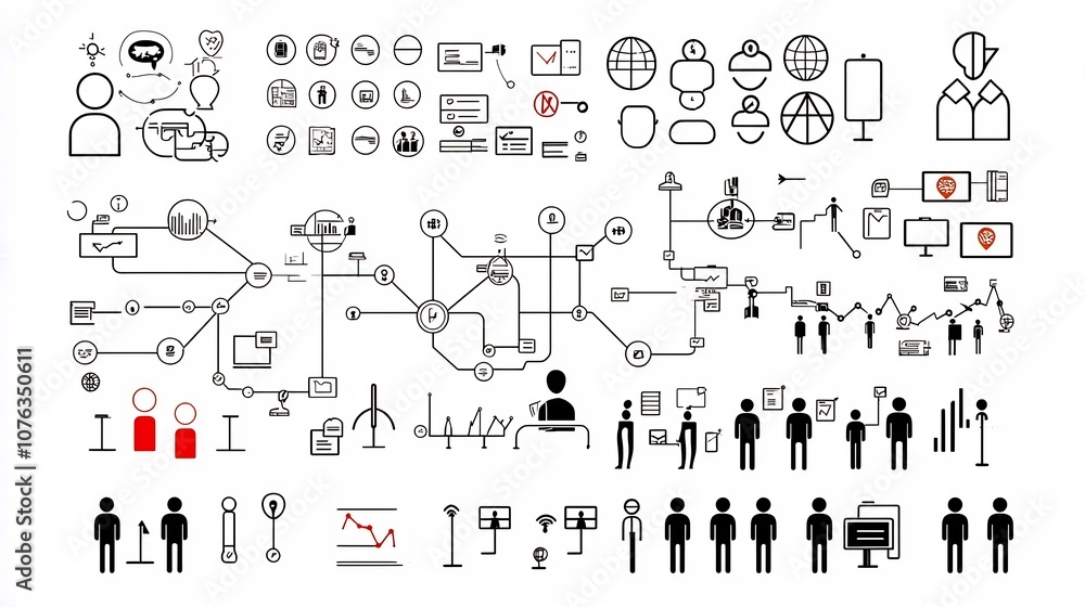 Aufkleber Collection of corporate and organizational theme icons represented in a simple line art style featuring elements like structure and networking symbolism