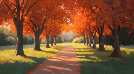 Naklejka premium Glowing Forest Path Under Vivid Orange Trees with Sunlight Streaming Through