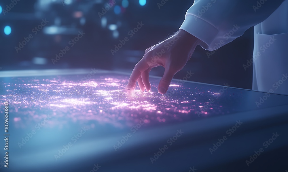 Poster a hand interacts with a glowing, scientific interface, showcasing advanced technology and digital ex