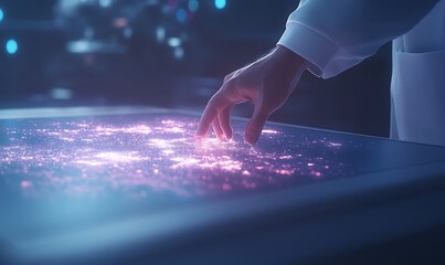 A hand interacts with a glowing, scientific interface, showcasing advanced technology and digital exploration in a futuristic setting.