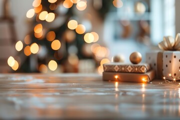 This cozy living room, decorated in warm brown hues, radiates a festive spirit with a dazzling Christmas tree and sparkling lights, perfect for holiday celebrations.