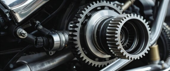 An extreme close up of a powerful racing engine with details of chrome and exposed gears