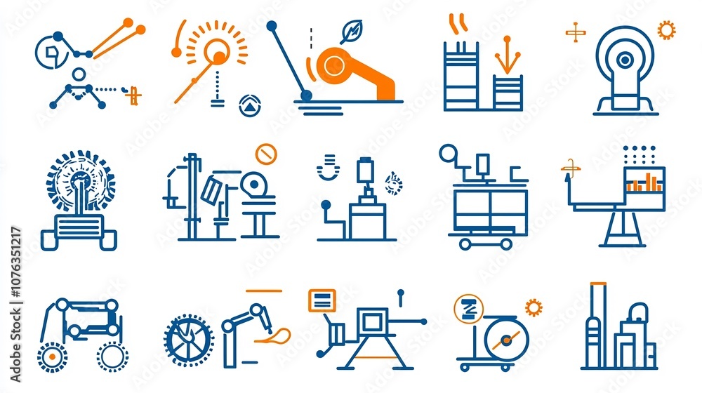 Leinwandbilder Streamlined set of icons showcasing various productivity symbols for industrial management and performance optimization in a simple line design style