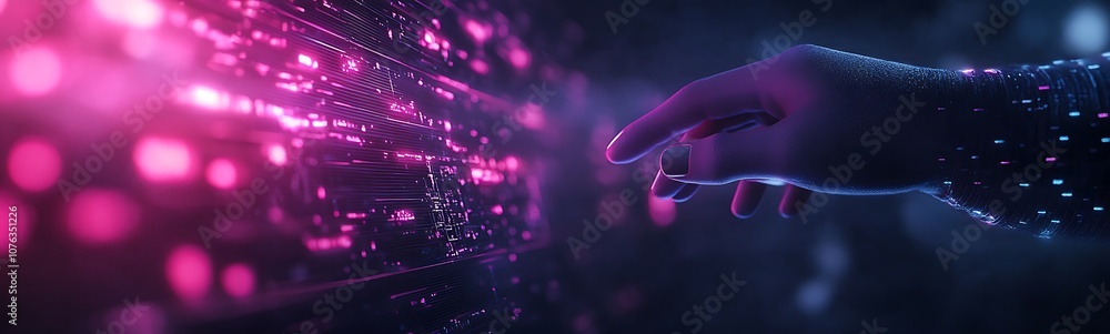 Poster a digital hand reaches out to colorful lights, symbolizing the interaction between technology and hu
