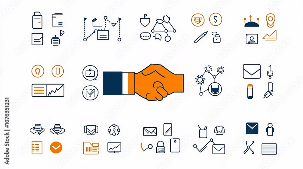 Poster set of illustrated business icons depicting trust building concepts such as handshake partnership an