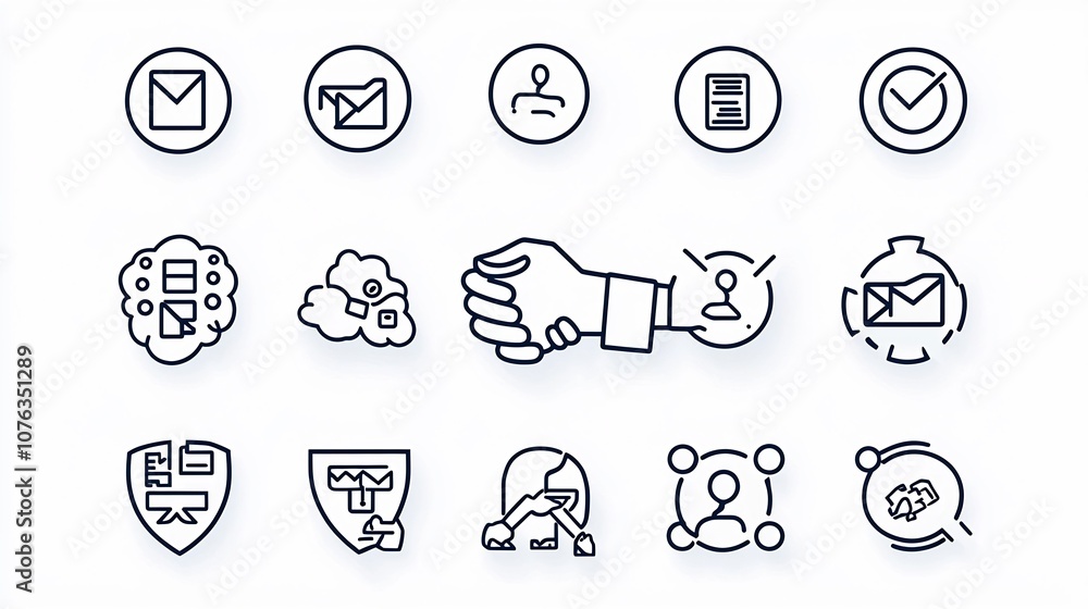 Poster Set of minimal line icons depicting trust building symbols such as handshake partnership and sponsorship in a corporate professional business context