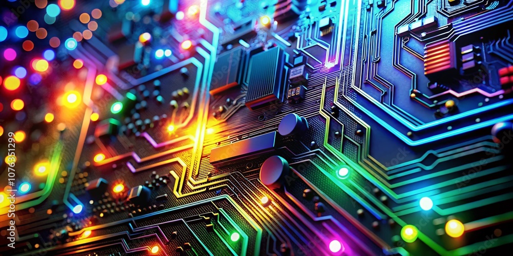 Poster a stunning futuristic computer circuit board with vibrant illuminations and intricate details, perfe