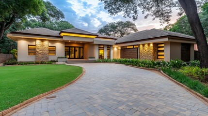 Obraz premium Modern luxury home with a spacious driveway and lush landscaping, AI
