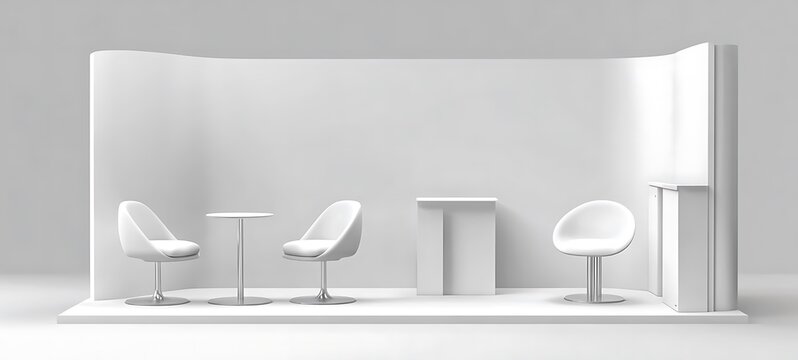 Realistic trade show chairs and tables  or a white blank stand booth for corporate or exhibition