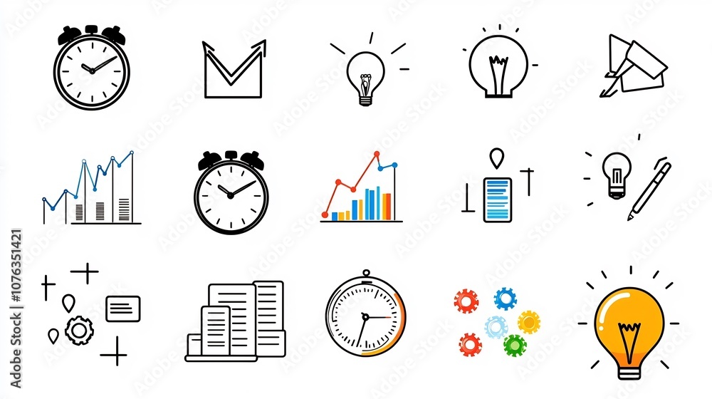 Poster Thin line icons illustrating time efficiency project optimization and business analytics  Symbols for deadlines growth strategy