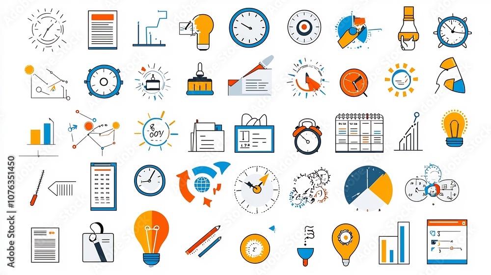 Poster Minimalist thin line icons illustrating concepts related to time efficiency workplace productivity and achievement goals  The icons depict symbols for deadlines growth project optimization