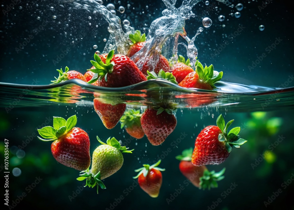 Poster a stunning low light capture of strawberries splashing into water surrounded by a floating green lea
