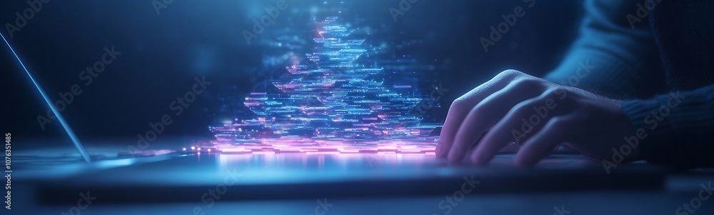 Poster a person interacting with a laptop, producing a holographic display of vibrant, layered data in a fu