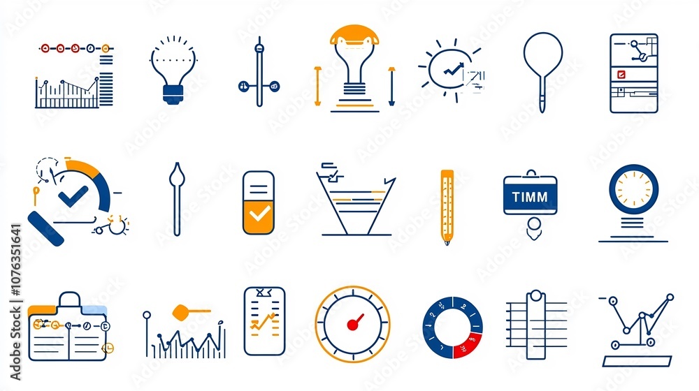 Poster A set of thin line icons representing various symbols and elements related to productivity improvement optimization and service management