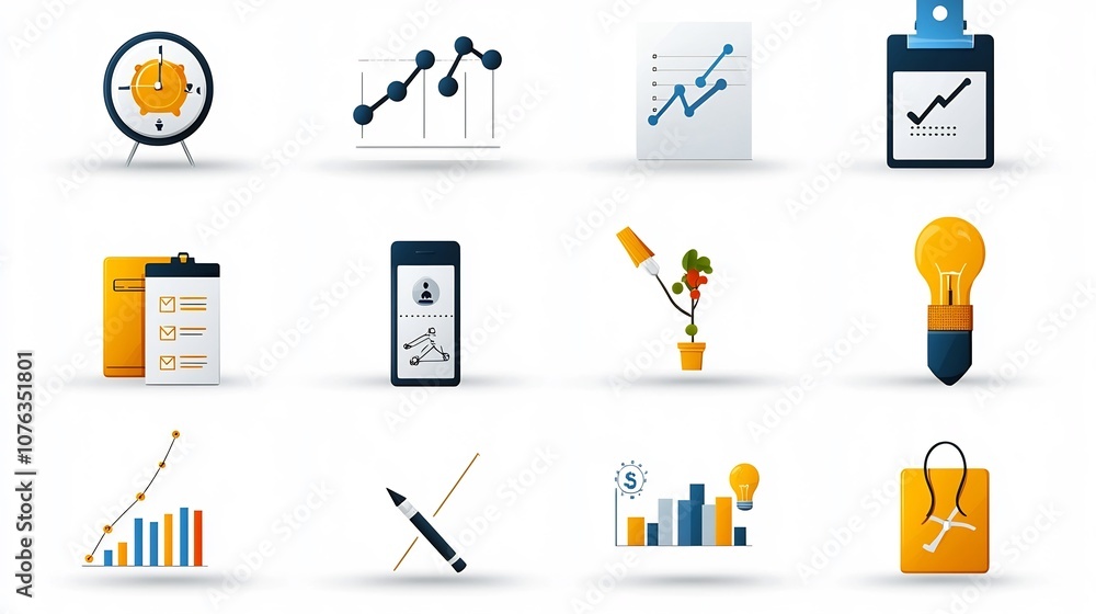 Aufkleber minimalist featuring icons for productivity goals showcasing growth achievement and project manageme