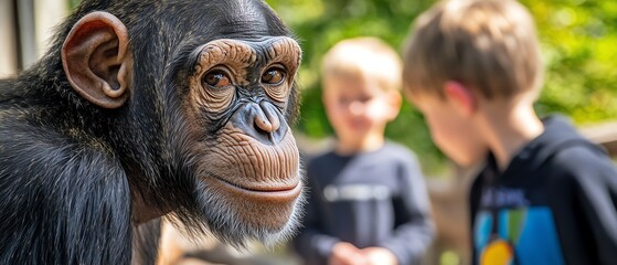 Children Interact with a Chimpanzee at the Zoo for a Memorable Experience