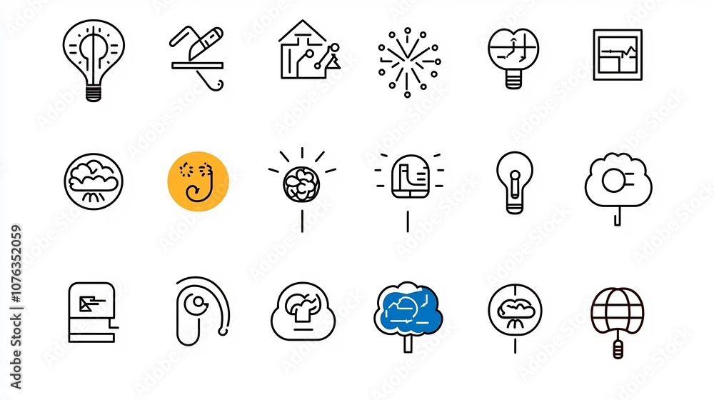 Fototapete collection of simple line icons representing various cognitive themes such as the mind thinking imag