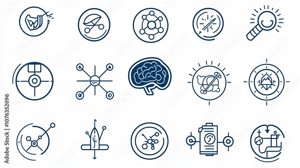 Poster collection of simple line icons representing cognitive themes such as the mind thinking processes an