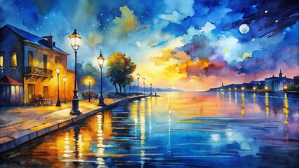 A Stunning Watercolor Painting Featuring a Modern Blue and Yellow Gradient Background Perfect for Home Decor, Art Projects, and Digital Use