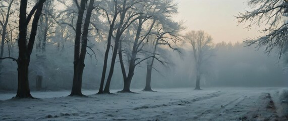 A moody winter landscape with frost covered trees under soft morning light