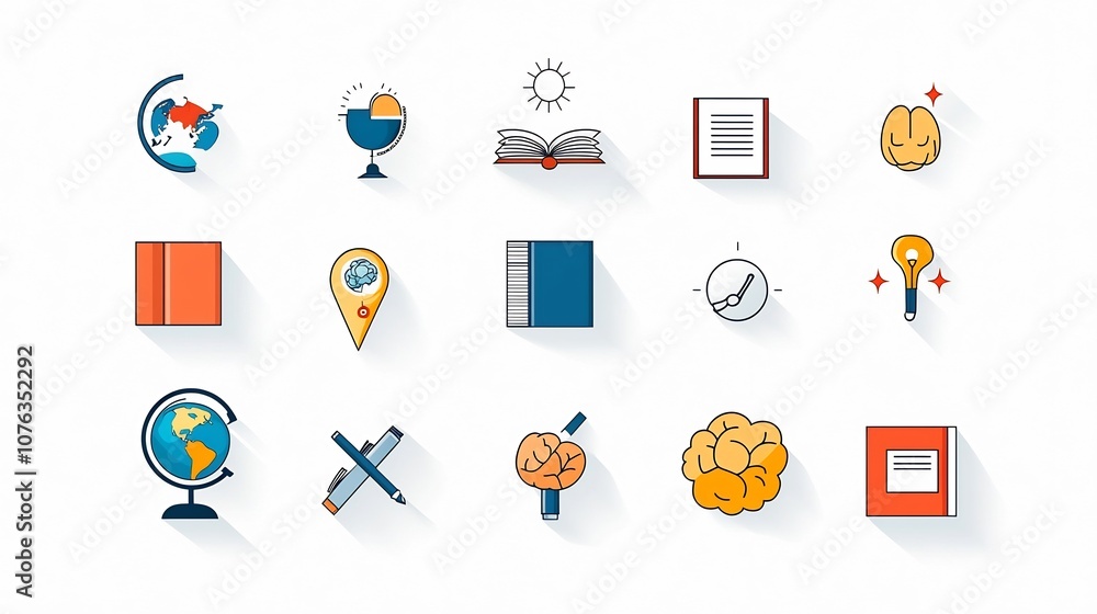 Poster Minimalist icons symbolizing the transformative power of education knowledge and intellectual growth  Featuring a clean modern design with geometric shapes including a book globe