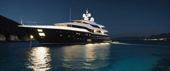 A luxury yacht anchored in a secluded bay with an infinity pool and party lights visible on deck