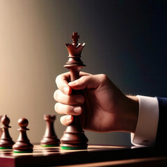 A hand holding a chess piece with a black crown on top