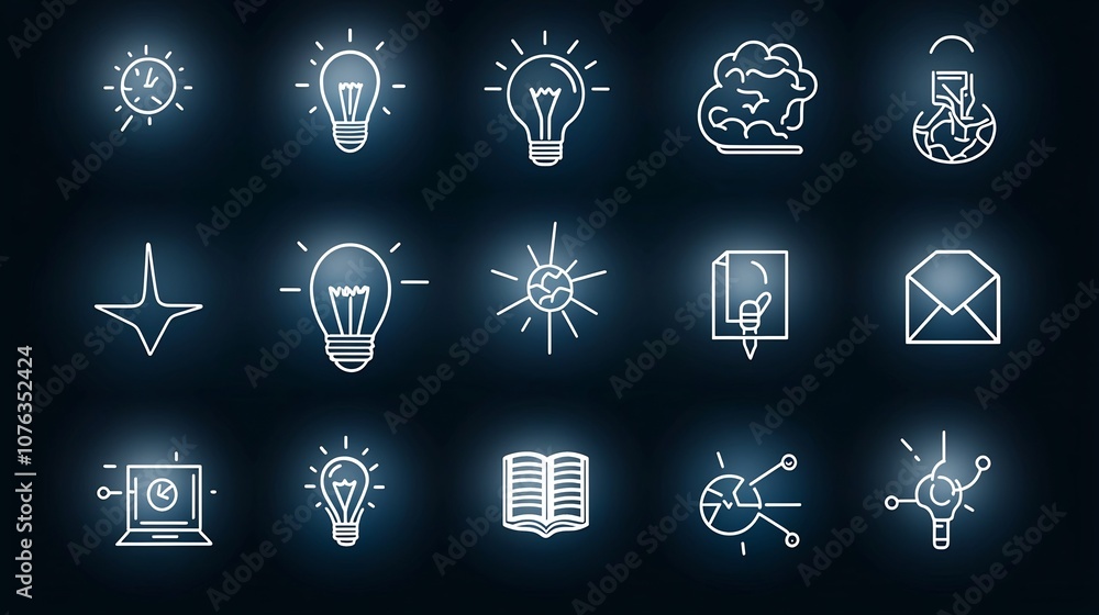 Poster thin line icons representing the symbols of knowledge clever thinking idea imagination and cognition