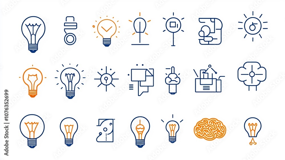 Aufkleber minimalist line art icons featuring a globe light bulb and brain symbols representing genius ideas c
