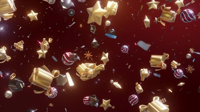 Colorful Christmas balls Background, gifts and Golden stars moving in space with confetti On red Screen. Loop 3D animation render 4K.