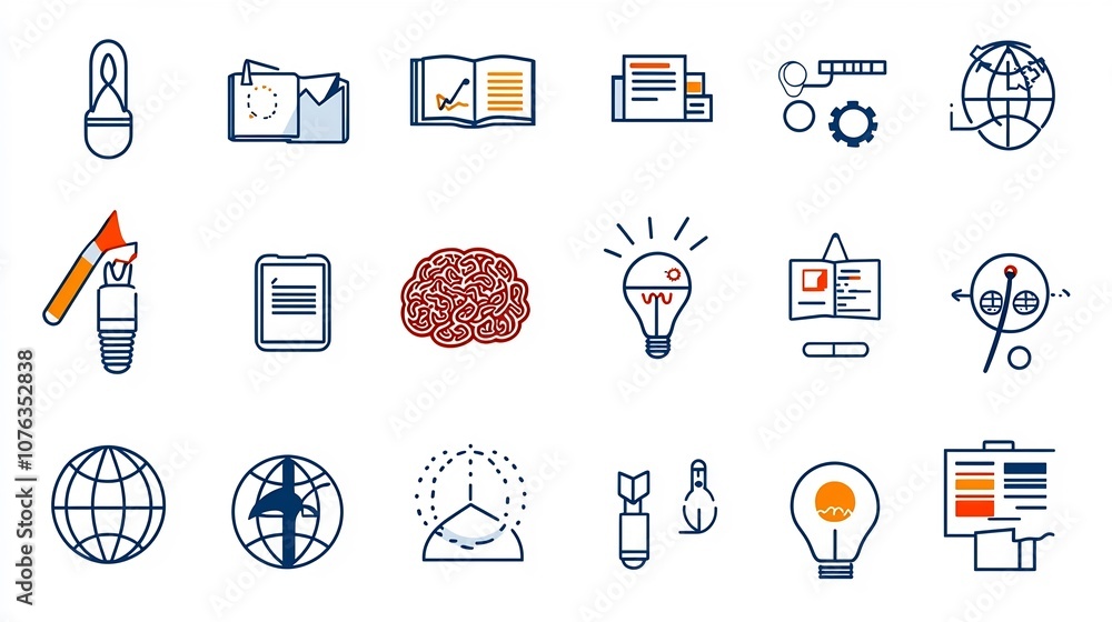 Poster Comprehensive icon set illustrating the concepts of education creativity and innovation  The icons feature simple line designs of a brain idea symbol and globe to represent learning thinking