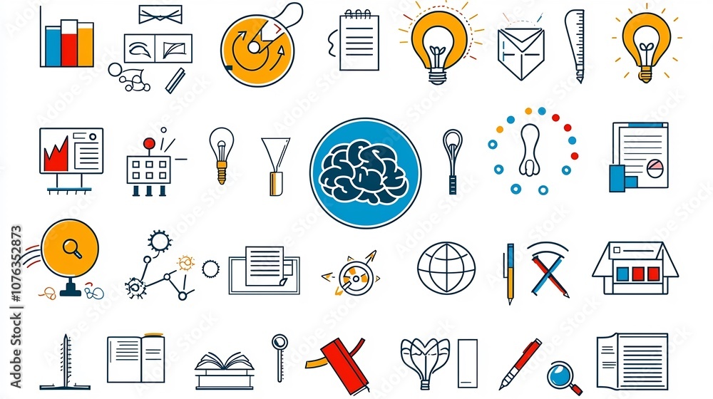 Poster Icon set illustrating the concepts of education and creativity featuring symbols like a brain an idea light bulb and a globe in a simple line design style