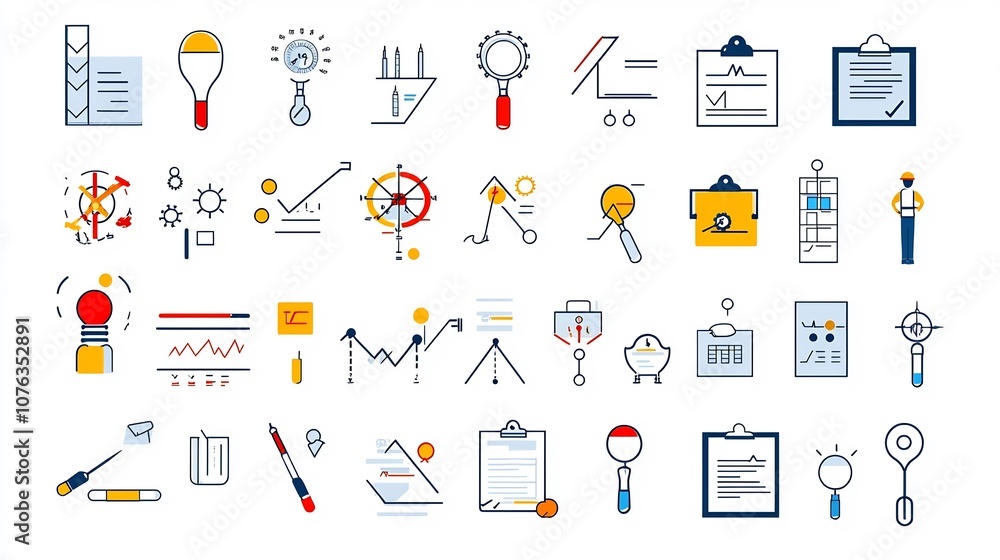 Poster Minimalist featuring a thin line icon set of evaluation essentials including inspection and reporting symbols  Clean and modern design suitable for business productivity and analytics concepts