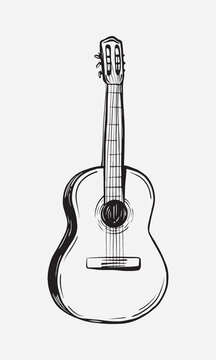 Acoustic Guitar vector illustration in doodle style. Sketch of classical Spanish music instrument. Hand drawing draw six-string guitar. Coloring for children.
