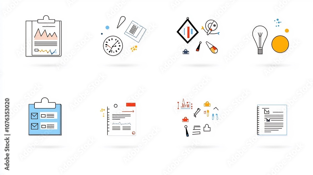 Poster Comprehensive set of icons designed for evaluation reporting featuring various document analysis and statement symbols to visually represent data information and business analytics