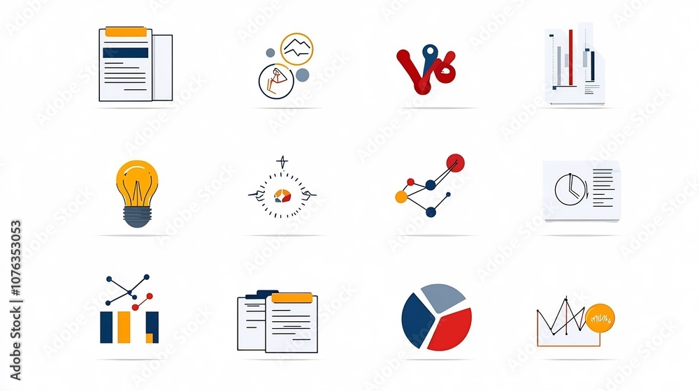 Poster Minimalist icons and symbols representing various aspects of business evaluation data analysis and management analytics for reports dashboards and infographic designs