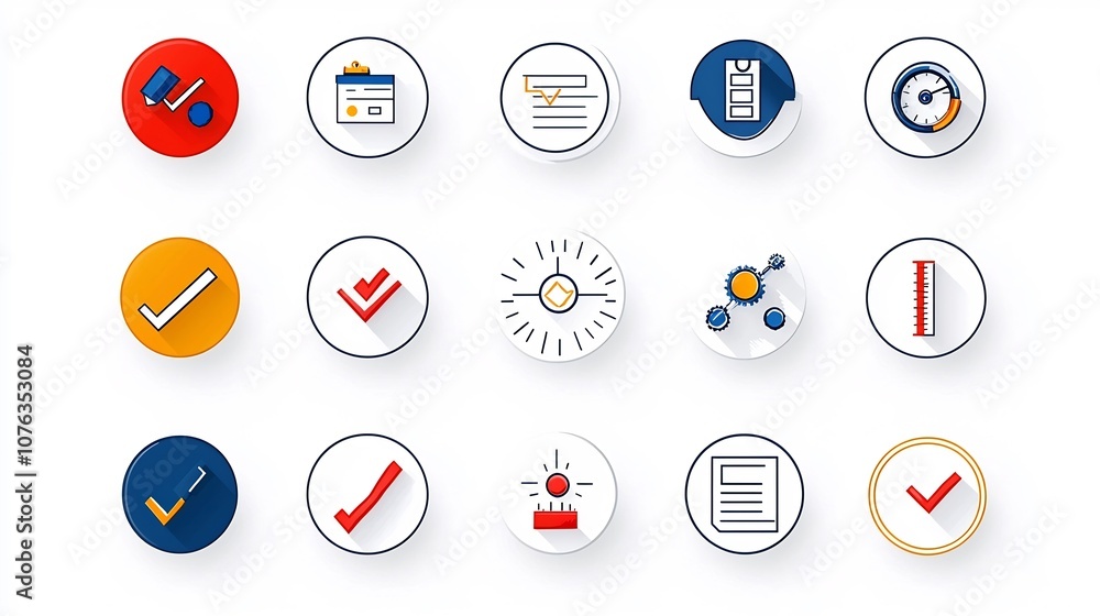 Poster minimal featuring a set of icons representing inspection evaluation and control processes the icons 