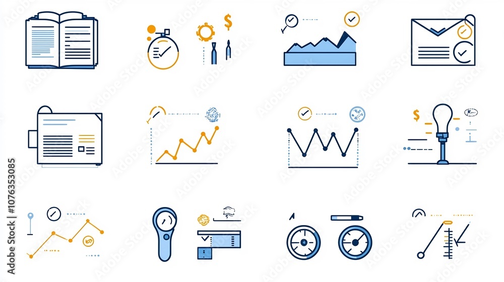 Poster Collection of minimalist icons showcasing document analysis and statement symbols for evaluation reporting and data visualization  Featuring a clean modern and geometric design style with thin lines